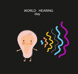 Social media horizontal banner template for World Hearing Day Concept Design.  Funny ear he is glad that he has good hearing.  Vector flat cartoon doodle banner.