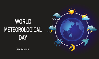 World Meteorological Day poster design concept.  It shows a globe surrounded by a ring of different type of weather and climate on a black blue-ish background. Vector Illustration