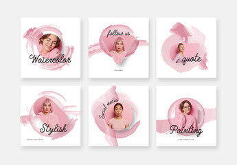 Pink Watercolor Social Media Posts with Photo Placeholders