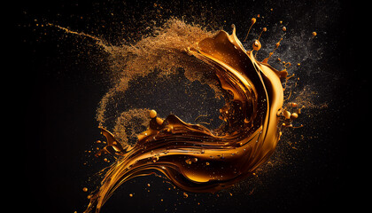 Obraz na płótnie Canvas splash of liquid gold paint with sparkles on a black background .AI generated