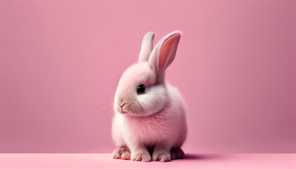 Fototapeta premium fluffy easter bunny on pink background .AI generated