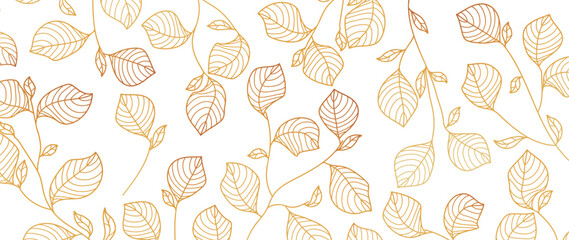 Luxury gold leaf vector background. Golden gradient branches and leaves in a line graphic style on a white background. Wallpaper design for prints, covers, wall art, packaging, fabric.