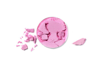 Pink eye shadow or blusher isolated on white. Crushed pink blusher or eye shadow texture.
