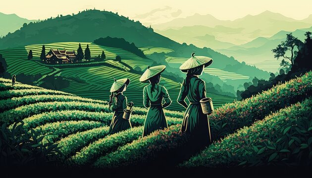 Asian green plantations landscape, women picking tea. Generative AI