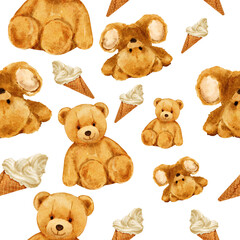 Obraz premium cute toy brown bear teddy pattern ice cream watercolor