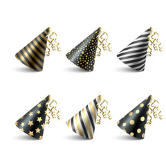 Vector 3d Realistic Black and Golden Birthday Party Hat Icon Set Isolated on White Background. Party Cap Design Template for Party Banner, Greeting Card. Holiday Hats, Cone Shape, Front View