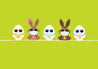 Sitzende Osterhasen Junge & Mädchen Mit 3 Ostereiern Maske Sonnenbrille Karte Grün