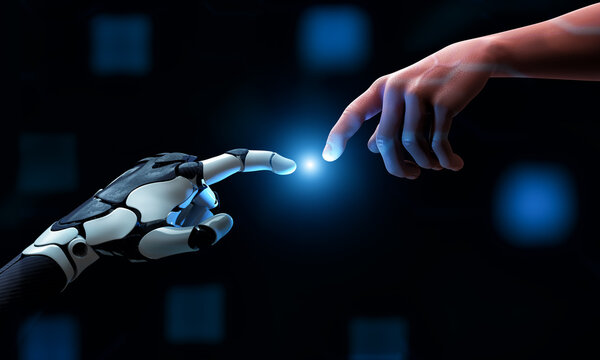 Robot hand making contact with human finger on dark blue background. Business communication and Innovation technology concept. 3D illustration rendering