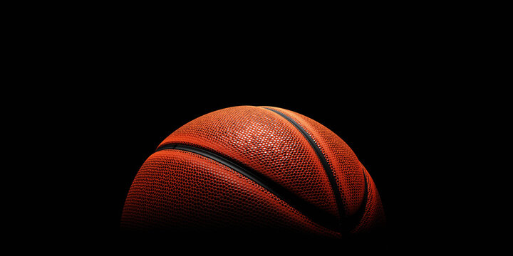Basketball with spotlight and fade-out shadow in the dark background. Copy space. Sport and game concept. 3D illustration rendering