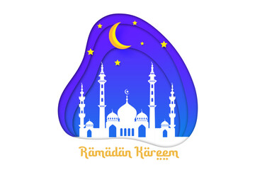 Crescent Islamic with mosque for Ramadan Kareem and eid mubarak. Golden Half Moon pattern, paper cut background. Vector illustration