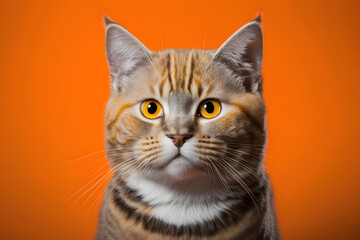 Portrait Portrait of a cat Scottish Straight with a banner in paws on a orange background photography made with Generative AI