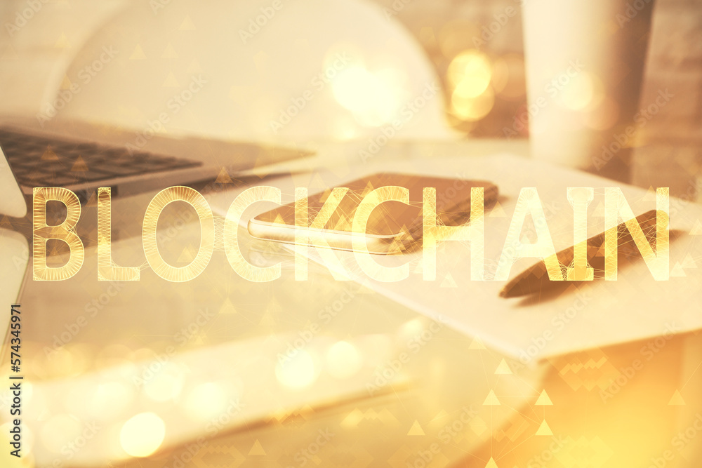 Poster double exposure of blockchain theme drawing and cell phone background. concept of cryptomarket