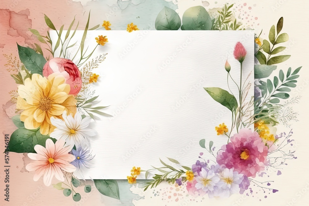Wall mural Watercolor Blank greeting card template with beautiful flowers around. Mother's day template with copy space - Wall murals