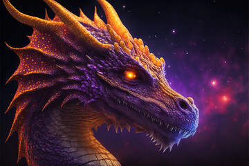 Cosmic dragons in orange and purple, mythical creatures full of power and energy, connection to universe. Spirituality, esoteric, fantasy, role playing games. Generative Ai
