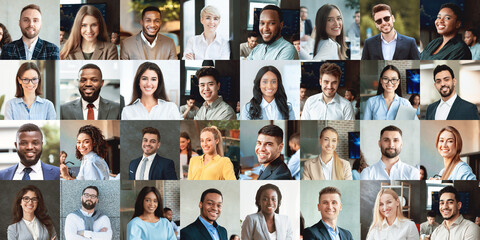 Obraz premium Set of positive young business people posing indoors and outdoors