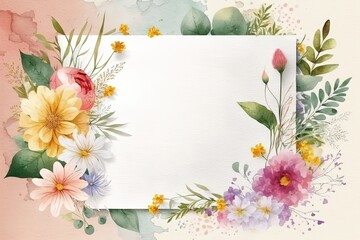 Watercolor Blank greeting card template with beautiful flowers around. Mother's day template with copy space