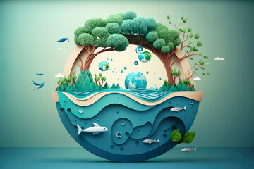 Paper art , Ecology and world water day , Saving water and world Environment day, environmental protection and save earth water , Generate Ai - obrazy, fototapety, plakaty