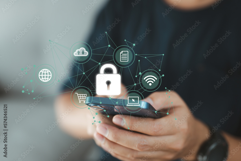 Aufkleber businessman using his smartphone to establish a network connection that is protected by a shield guard, which serves to prevent cyber attacks. concept of network security systems.