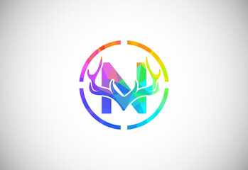 Letter N with deer antlers in target shape. polygonal style logo, Hunting inspirations symbol for corporate business identity