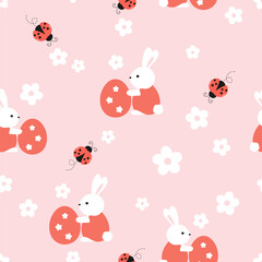 Seamless pattern with rabbit bunny cartoons, Easter eggs, ladybug and cute flower on pink background vector illustration.