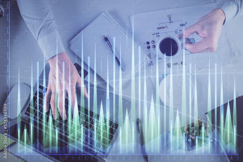 Aufkleber multi exposure of man's hands typing over computer keyboard and forex graph hologram drawing. top vi