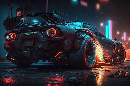 Speeding Sports Car On Neon Highway. Powerful acceleration of a supercar on a night track with colorful lights - Generative AI