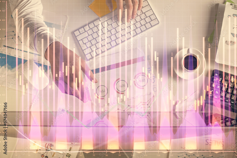 Aufkleber multi exposure of man's hands typing over computer keyboard and forex graph hologram drawing. top vi