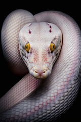 Fototapeta premium Portrait of an albino snake close-up on a black background, snake white. skin with a pink tint portrait. Generative AI.