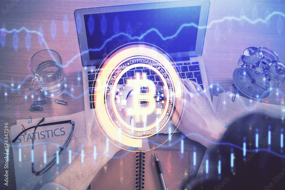 Poster Double exposure of man's hands typing over computer keyboard and crypto currency theme hologram drawing. Top view. Blockchain concept.