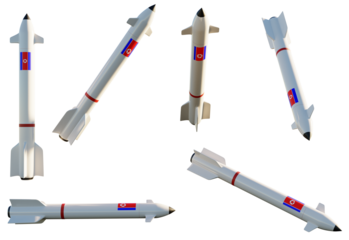 Six missiles with the North Korean flag on transparent background. 3D Render