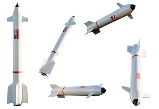 Five missiles with the EEUU flag on transparent background. 3D Render