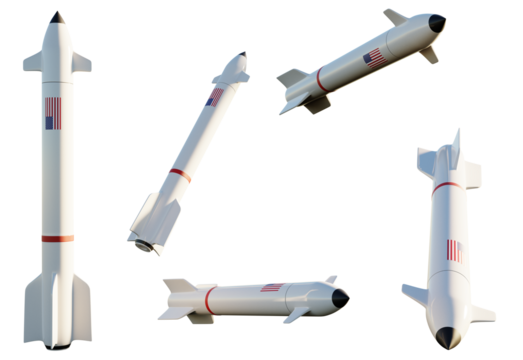 Five missiles with the EEUU flag on transparent background. 3D Render