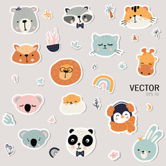 Set of animal stickers in scandinavian style. Doodle patches for kids. Good for clothes, nursery, print