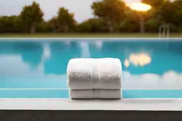 Clean two white color folded towel nice and tidy stack each other at the fitness, bath, swimming, swimming pool side for marketing background and design material.