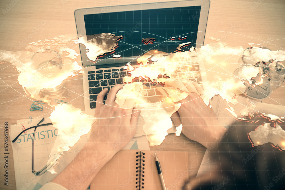 Poster double exposure of man's hands typing over computer keyboard and business theme hologram drawing. to