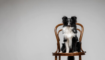Shetland sheepdog breed on chair on gray background in studio. Sheltie dog. Pet training, cute dog, smart dog
