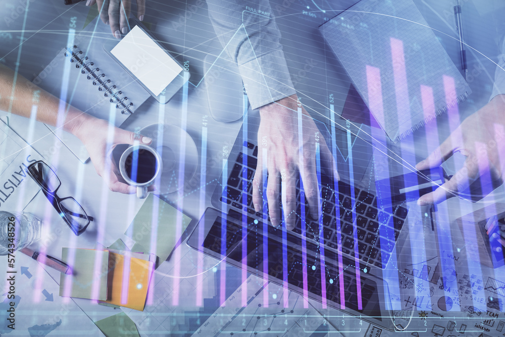 Poster double exposure of man and woman working together and forex graph hologram drawing. financial analys
