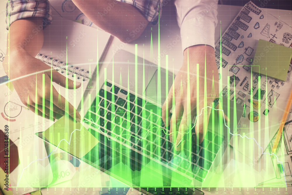 Poster double exposure of man and woman working together and forex graph hologram drawing. financial analys