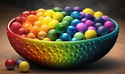  a colorful bowl filled with lots of different colored balls on a table.  generative ai