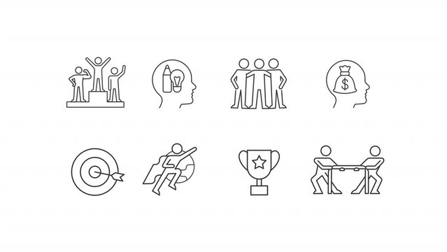 Animated competitions linear icons. Achievement motivation. Set goal. Recognition. Seamless loop HD video with alpha channel on transparent background. Outline motion graphic animation