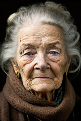 Face portrait of an old Caucasian serious woman looking to camera.