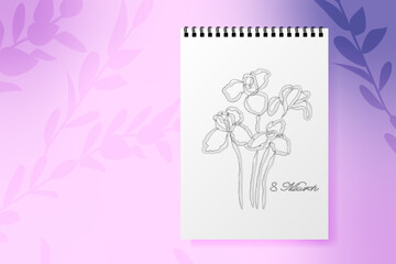 Vector. Realistic notepad with a metal spiral. Paper, a sketch of a bouquet of irises, shadows from the branches. Festive banner, web poster, flyer, stylish brochure, postcard, cover, branding.