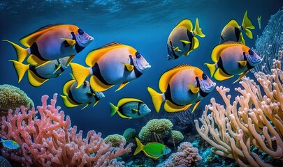 Plakat a group of fish swimming over a coral covered ocean floor. generative ai