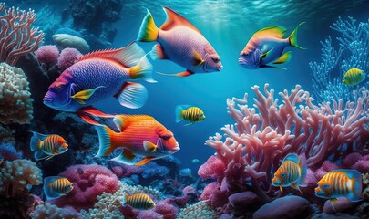 Naklejka na ściany i meble a group of colorful fish swimming over a coral covered ocean. generative ai