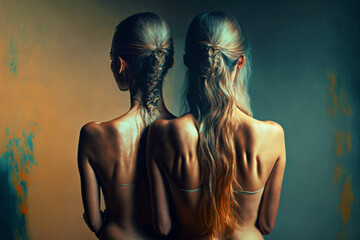 back view two naked women with blond hair smeared with paint, generative ai