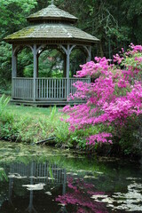 weather worn gazebo near creek