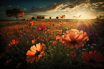 Wildflowers in sunset light. Blooming spring meadow. generative ai.  Field of summer flowers