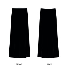Vector drawing of a long silk skirt in black. Long skirt template front and back view. Midi skirt sketch, vector. - obrazy, fototapety, plakaty