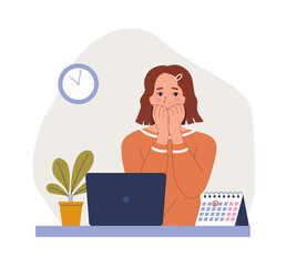 Young woman experiences fear, fright, stress before the laptop in the office. Flat style cartoon vector illustration.