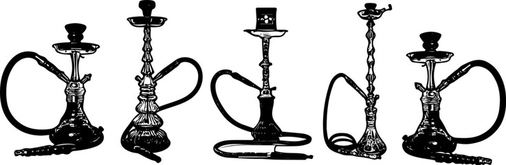 Silhouette of hookah set, sketch drawing illustration for hookah set, Elegant Pipes: Creative Expressions of the Hookah Set in Sketch and Silhouettes, ketching the Beauty and Charm of Hookah Sets